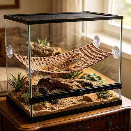 Breathable Knit Reptile Hanging Hammock with Strong Suction Cups Comfort Rest Bed for Bearded Dragon Gecko Lizard Terrarium Interior Decoration