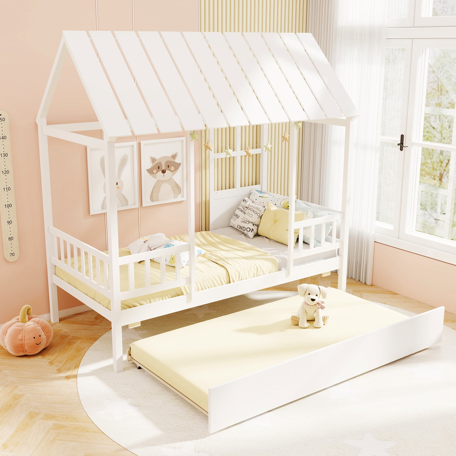 Gymax Twin Size House Bed w/ Trundle Roof Window & Safety Guardrails Slats Support