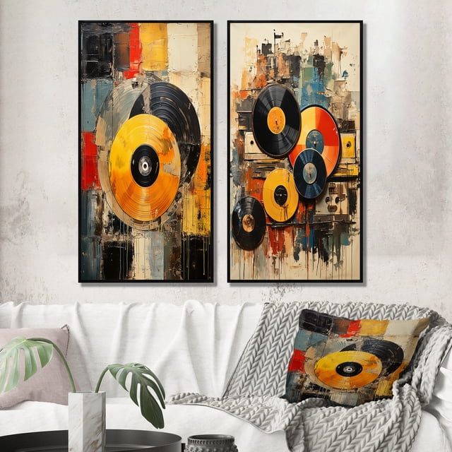 Designart "Retro Vibes in Colorful Vinyl I" Vinyl Records Framed Wall Art Set Of 2 - Multi-Color Fashion Gallery Wall Frame Set For Home Decor