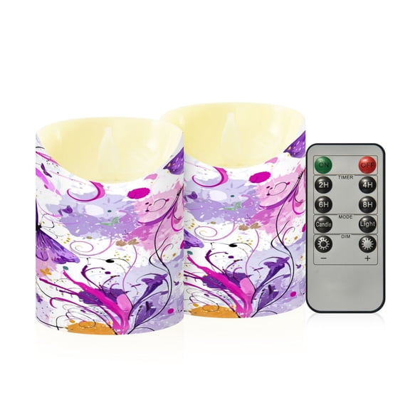 2 PCS Tilted Flameless Candles Flickering LED Lights Battery Operated Candles with Remote Timers for Holiday Decor Purple Butterfly with Swirls