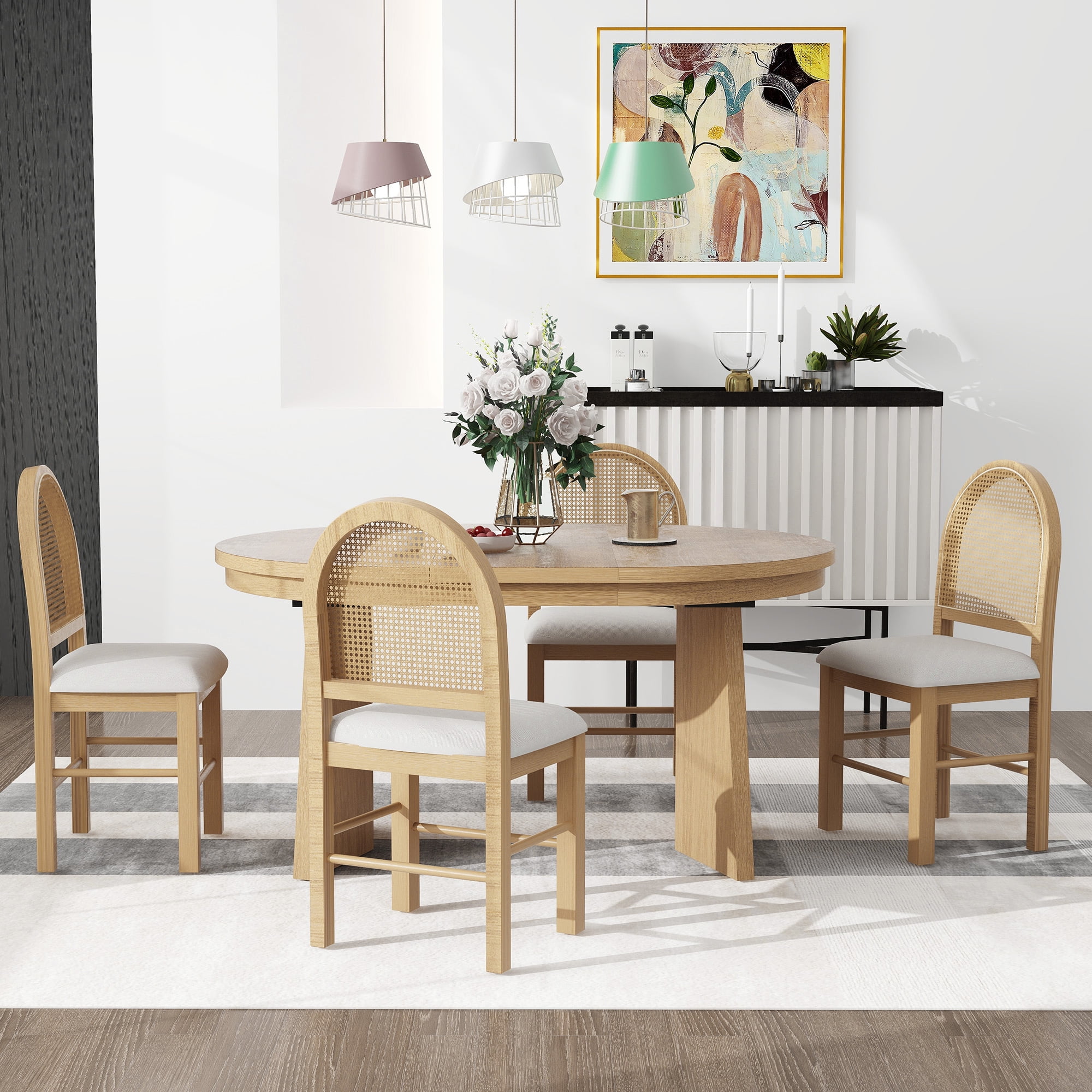 Harper & Bright Designs Round Extendable Dining Table Set for 4, Retro Kitchen Dining Table and 4 Upholstered Chairs with Rattan Backrests for Dining Room, Natural Wood Wash