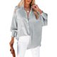 thumbnail image 1 of Camisa de manga larga con cuello en V y puños con mangas abullonadas, longitud media, poliéster, informal, cómoda, camisa a rayas para mujer para uso diario, negro M, 1 of 5