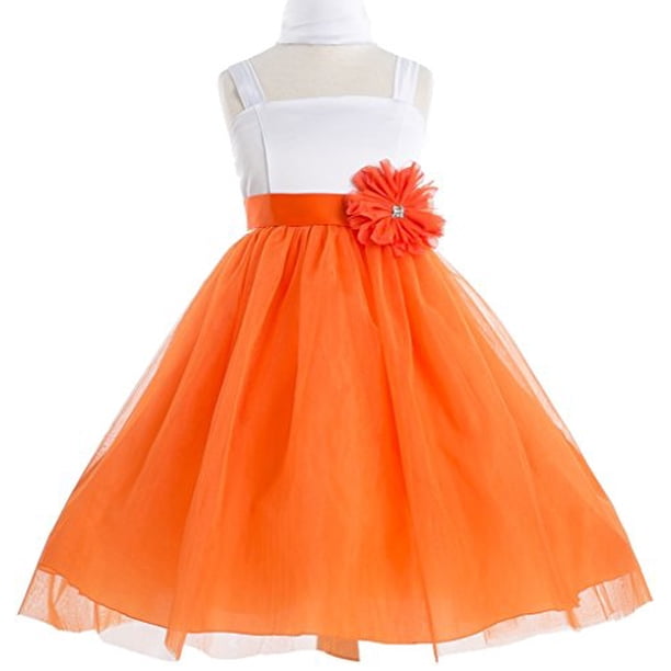 Little Girls Satin Top Colored Tulle Skirt Flowers Girls Dresses Orange
