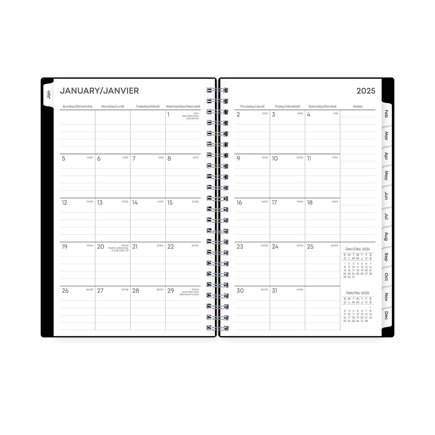 Agenda hebdomadaire/mensuel 2025, 5 po x 8 po, Blue Sky, noir uni