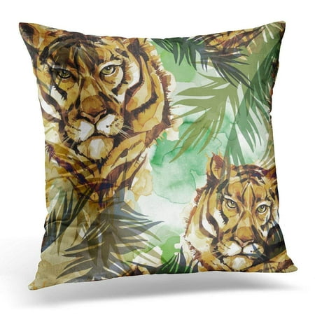 ARHOME Watercolor Exotic Tigers with Colorful Tropical Leaves African Animals Wildlife Can Be Printed on Bags Throw Pillow Case Pillow Cover Sofa Home Decor 16x16 Inches