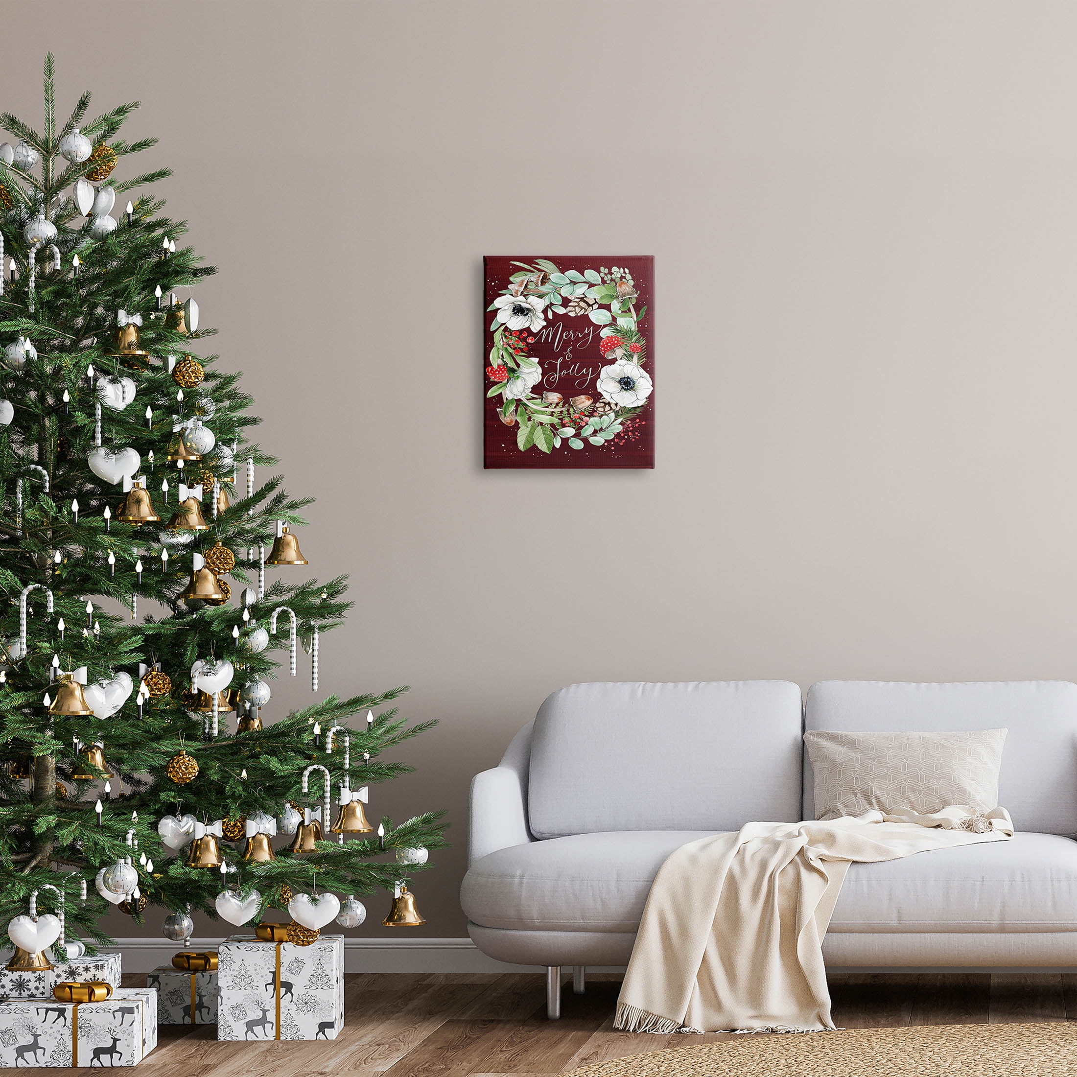 Merry & Jolly Seasonal Mushroom Wreath Holiday Graphic Art Gallery Wrapped Canvas Print Wall Art