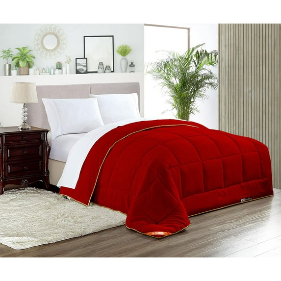 King Comforter Solid Blood Red 300 GSM Plush Siliconized Microfiber Fill Duvet Insert Box Stiched Quilted Fluffy Soft 600 TC Egyptian Cotton Shell with Piping & Pillowcases
