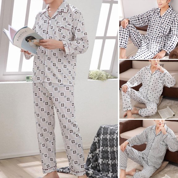 zeranth 2pcs/Set Men Pajamas Set Plaid Long Sleeve Turn-down Collar Button Closure Loose Loungewear Thin Male Sleep Tops Pants Set Home Clothes for Sleeping