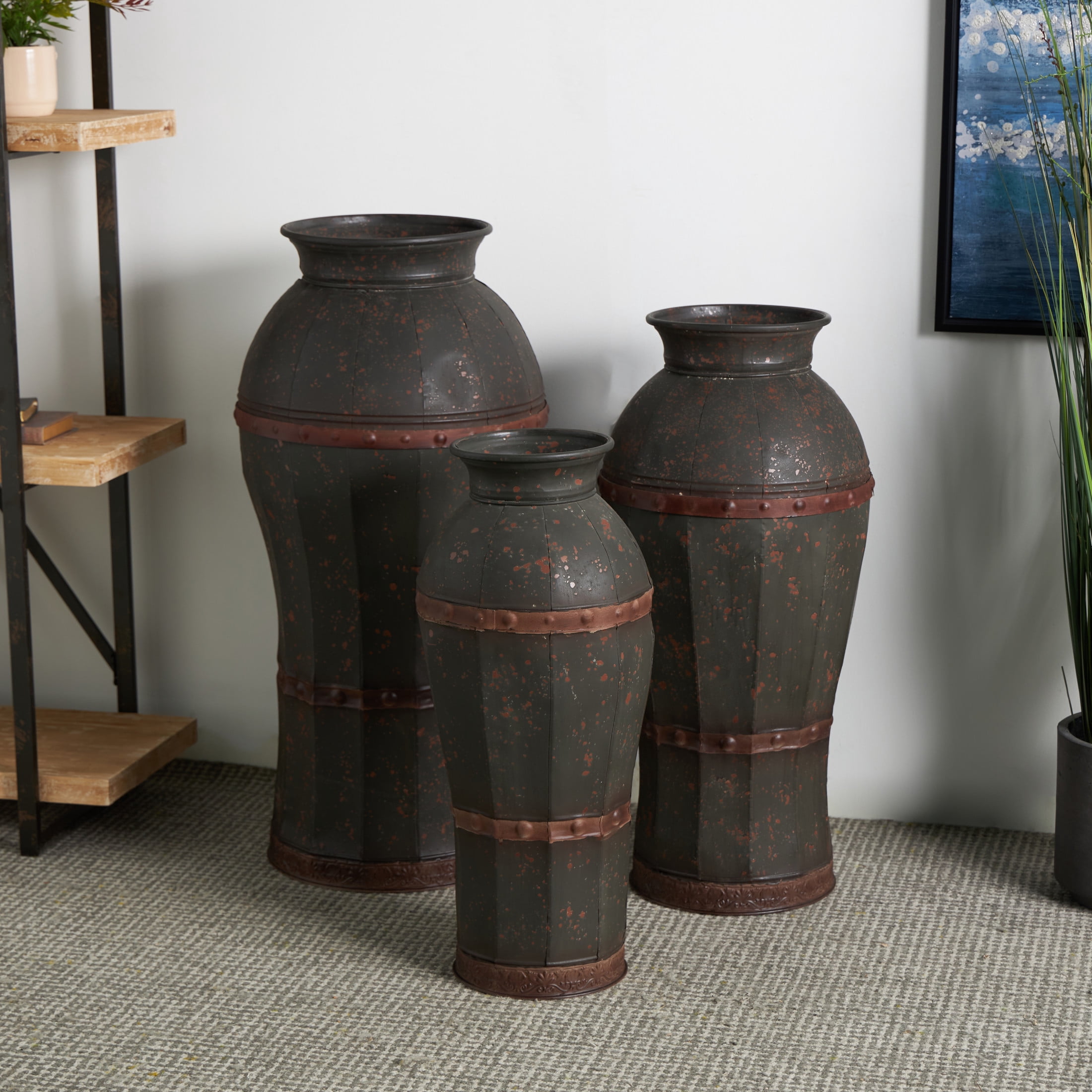 DecMode 37", 33", 29"H Distressed Dark Gray Metal Vase with Rivet Details, Set of 3