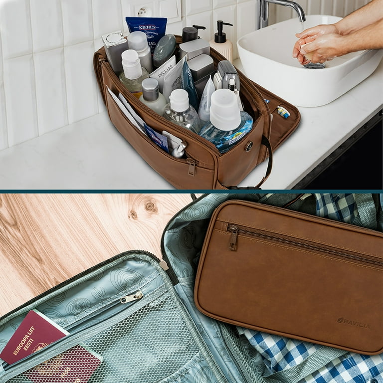 Elviros Toiletry Bag for Men, Large Travel Shaving Dopp Kit Water-Resistant Bathroom Toiletries Organizer PU Leather Cosmetic Bags, Brown