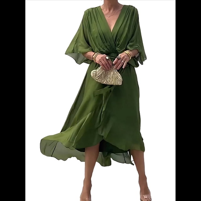 Vestido de Talla Grande para Mujer, Corta, Cruzado, Cuello en V, Abertura Alta, Volantes, . Verde M