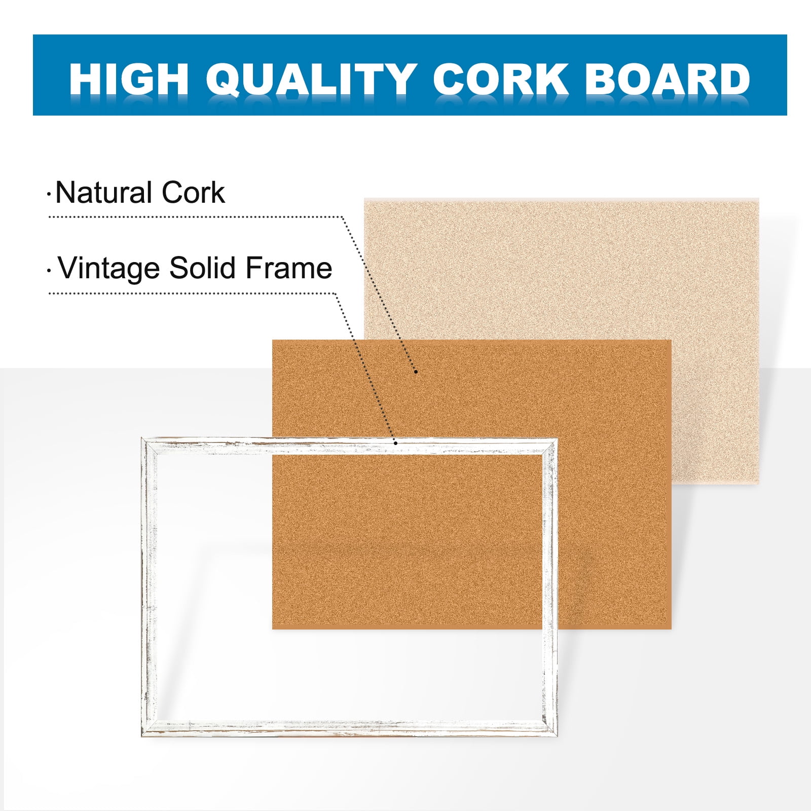 Cork Board Bulletin Board 24 x 18 Inches Cork Notice Pin Board Memo Board with Vintage Style White Wooden Frame for Display Home Decor Office Kitchen with 10 Pushpins, White Framed