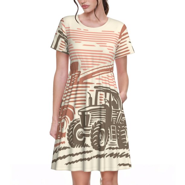 Disketp Combine harvester working with tractor para Vestido de Manga Corta para Mujeres, Vestidos de Verano para Mujeres, Casual y Holgado para la Playa