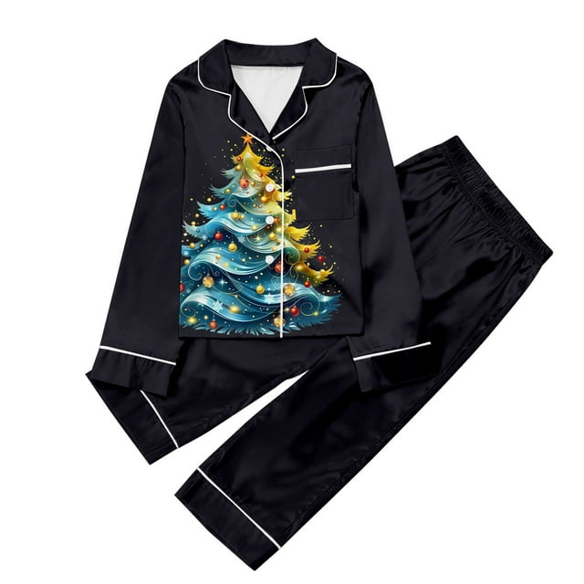 WEAIXIMIUNG Children's Christmas Print Long Sleeve Trousers Cardigan Children's Pyjamas Two Sets 11-12 Years