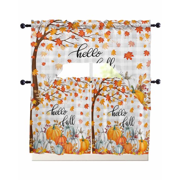 Fall Maple Leaf Swag Kitchen Curtains Sets for Windows 24 Inch Length, Thanksgiving Orange White Pumpkin Plaid Short Window Curtain Panels Swags Valances and Tiers 3 Piece Set for Cafe/Dining Room