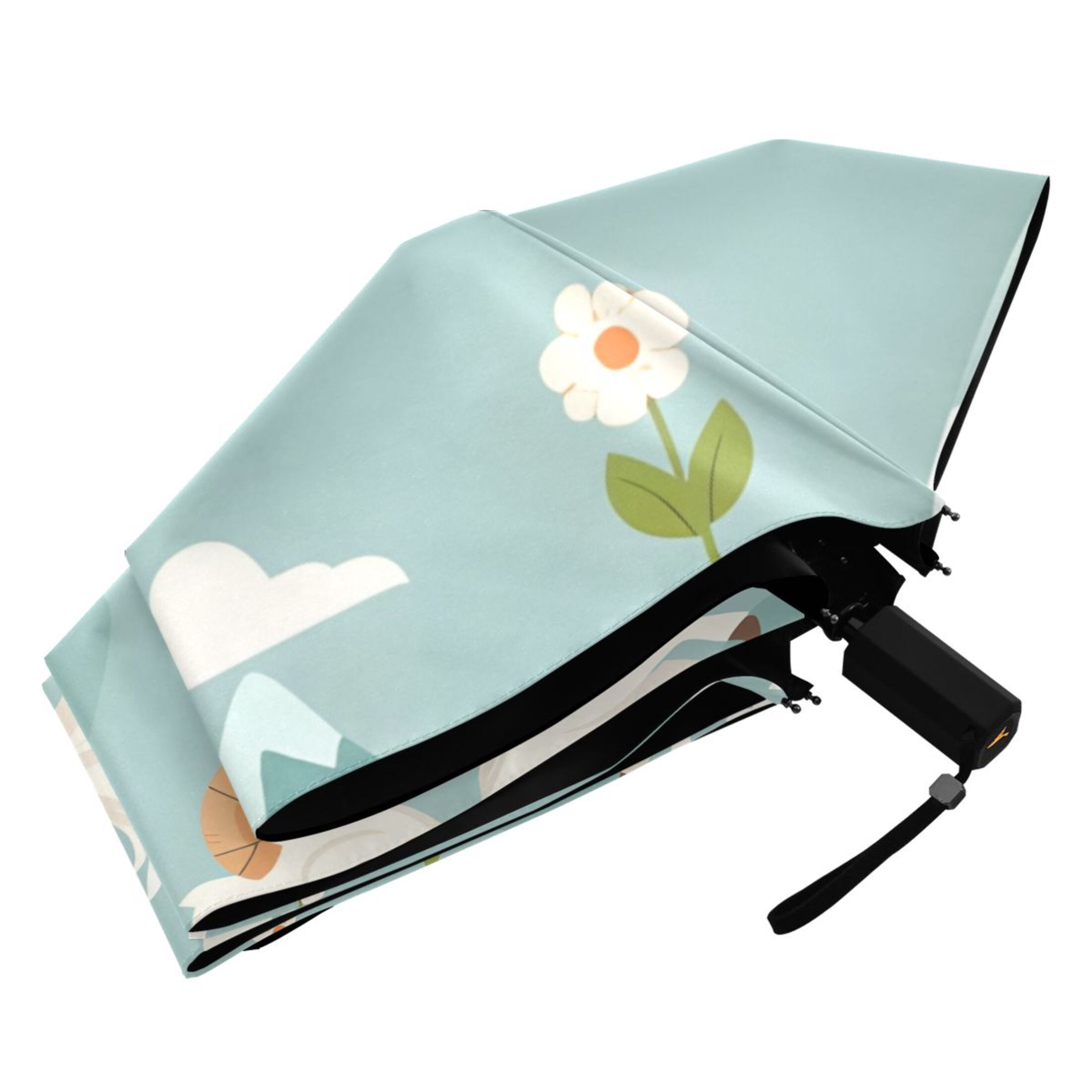 Cartoon Goats Mountains Clouds Flowers All Weather Umbrella Triple Folding Parasol 6 Ribs UV Protection Portable