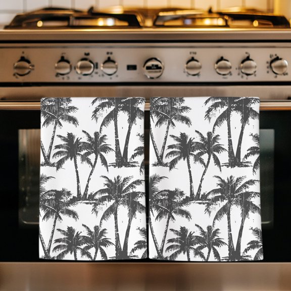 Dark Grey Palm Tree Kitchen Towels Set of 3, Summer Tropical Tree Coastal Beach Absorbent Dish Towels for Kitchen, Microfiber Hand Towel, Quick Drying Tea Towel for Cleaning Decorative Dishcloths