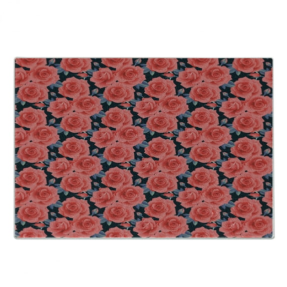 Floral Cutting Board, Romantic Roses for Lovers Valentines Shabby Perennial Flower Buds Pattern, Decorative Tempered Glass Cutting and Serving Board, Small Size, Dark Coral Dark Blue, by Ambesonne