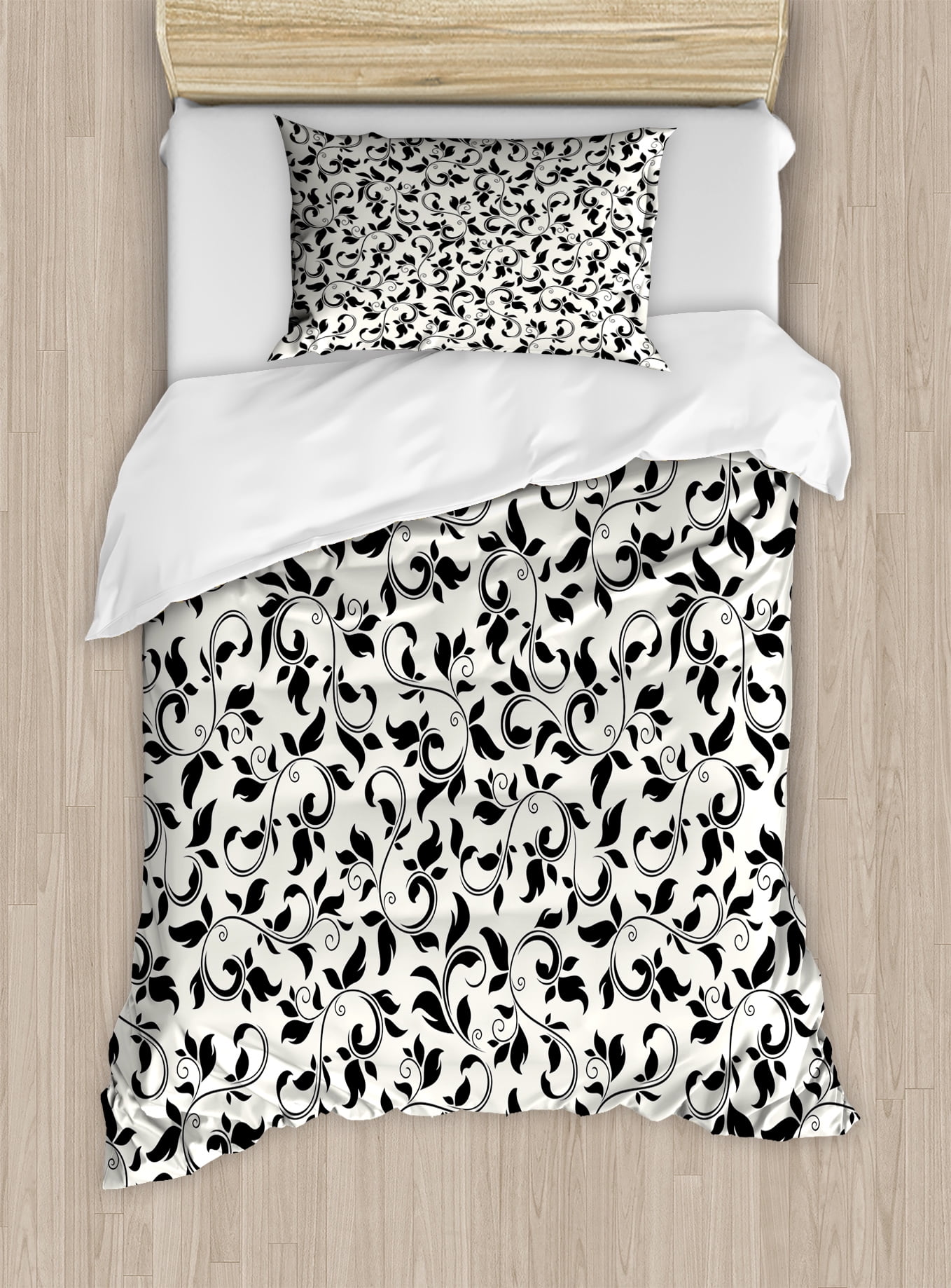 Leaf Twin Size Duvet Cover Set, Black and White Pattern with Swirled