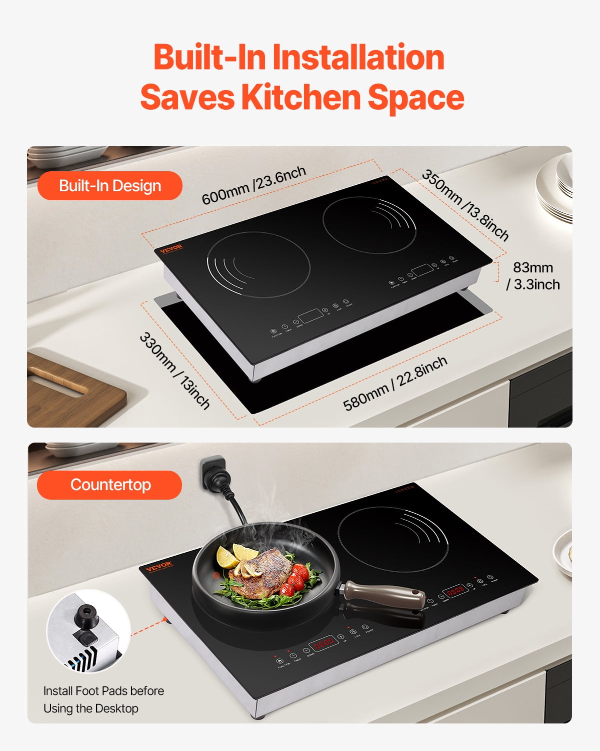 VEVOR Induction Cooktop, 1800W Electric Countertop Burner, 2 Burner Touch Control Stove, Built-in Induction Cooktop with 9 Power Settings, Child Safety Lock, Timer, Glass Surface