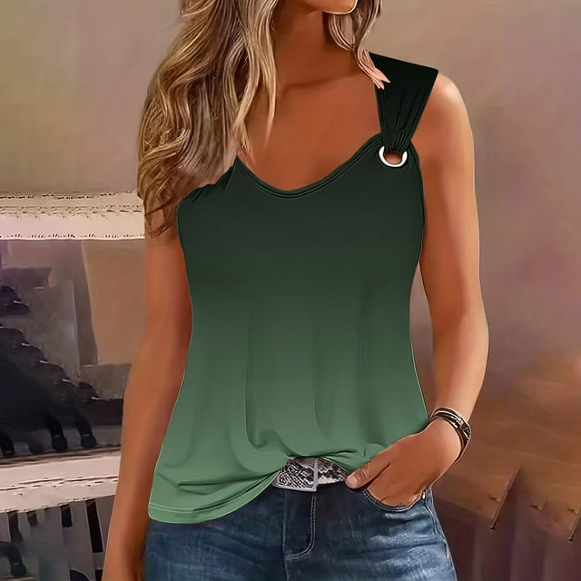 JMKQLZ Ladies' And Fashionable Casual Printed Suspender Metal Round Neck Top