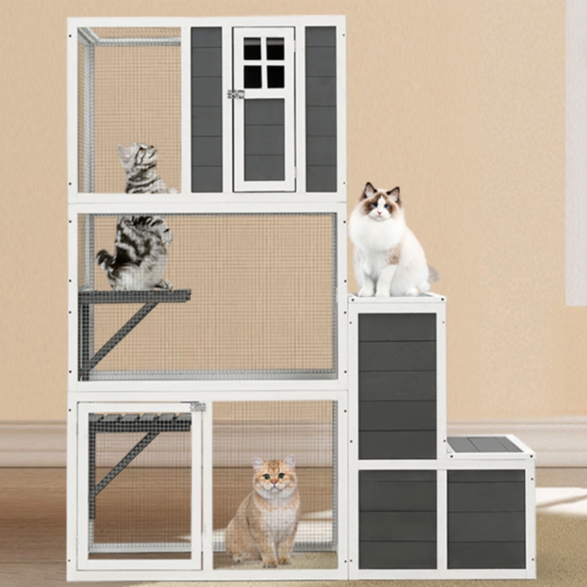Pefilos 71" Outdoor Cat House for 1-3 Cats, 3-Tier Wood Cat Enclosures Kitty with 4 Platforms, 2 Doors, Resting Box, Indoor Cat Cage Shelter, Gray Pefilos 71" Outdoor Cat House for 1-3 Cats, 3-Tier Wood Cat Enclosures Kitty with 4 Platforms, 2 Doors, Resting Box, Indoor Cat Cage Shelter, Gray