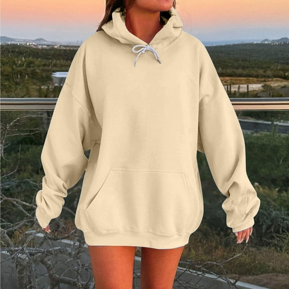 KkSLirnhs Womens Fall Hoodie Plus Size Women's Casual Solid Color Round Neck Long Sleeved Top Loose Hooded Sweatshirts M Beige