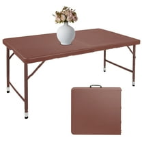 HooKung 4 FT Folding Table with Carry Handle, Portable Fold-in-Half Plastic Table, Rectangle Foldable Table for Indoor/Outdoor Brown