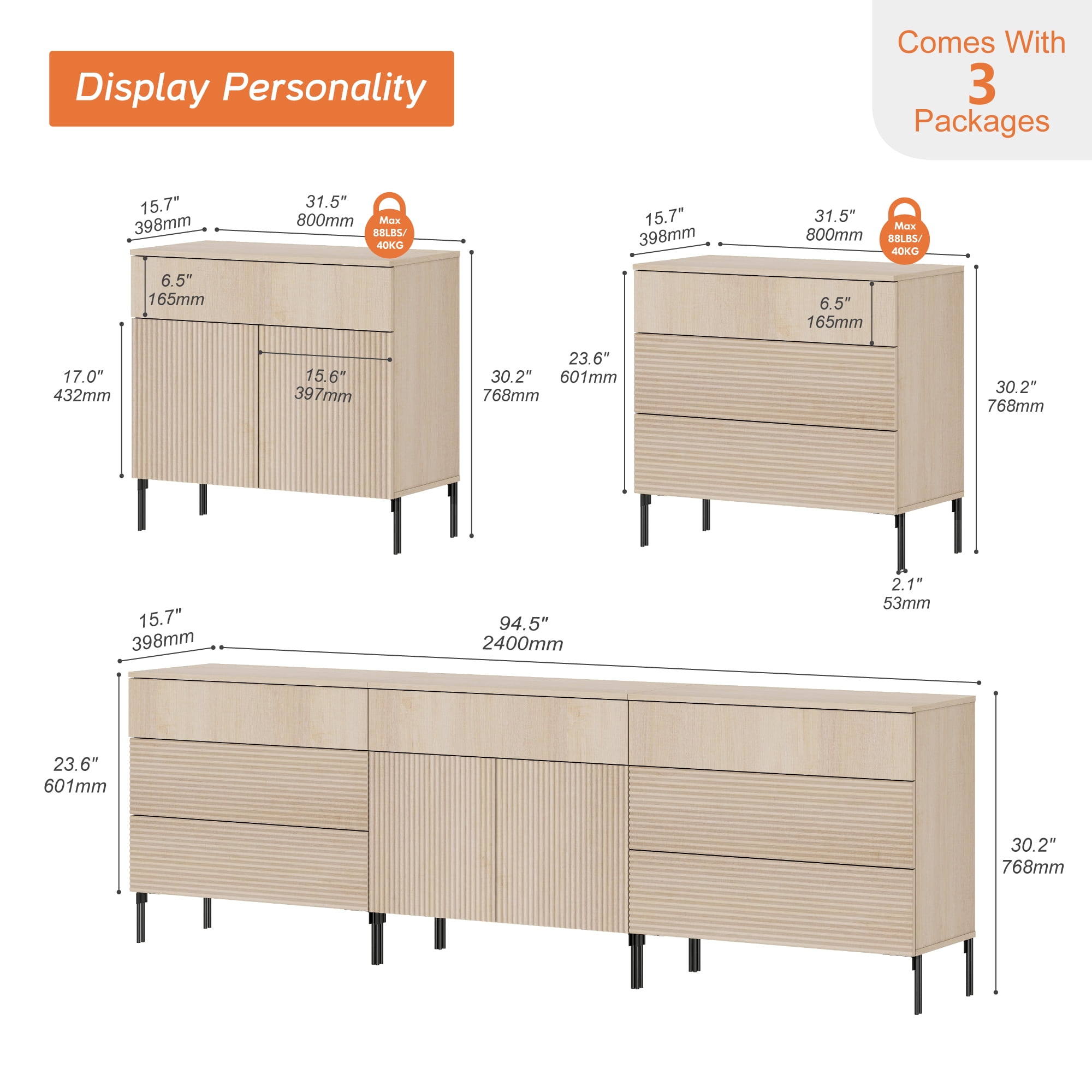 WAMPAT 94.5" Sideboard Cabinet with 6 Drawers and 2 Doors, Modern Fluted Credenza Buffet Cabinet with Adjustable Shelves, Large Storage Cabinet for Dining Room, Living Room