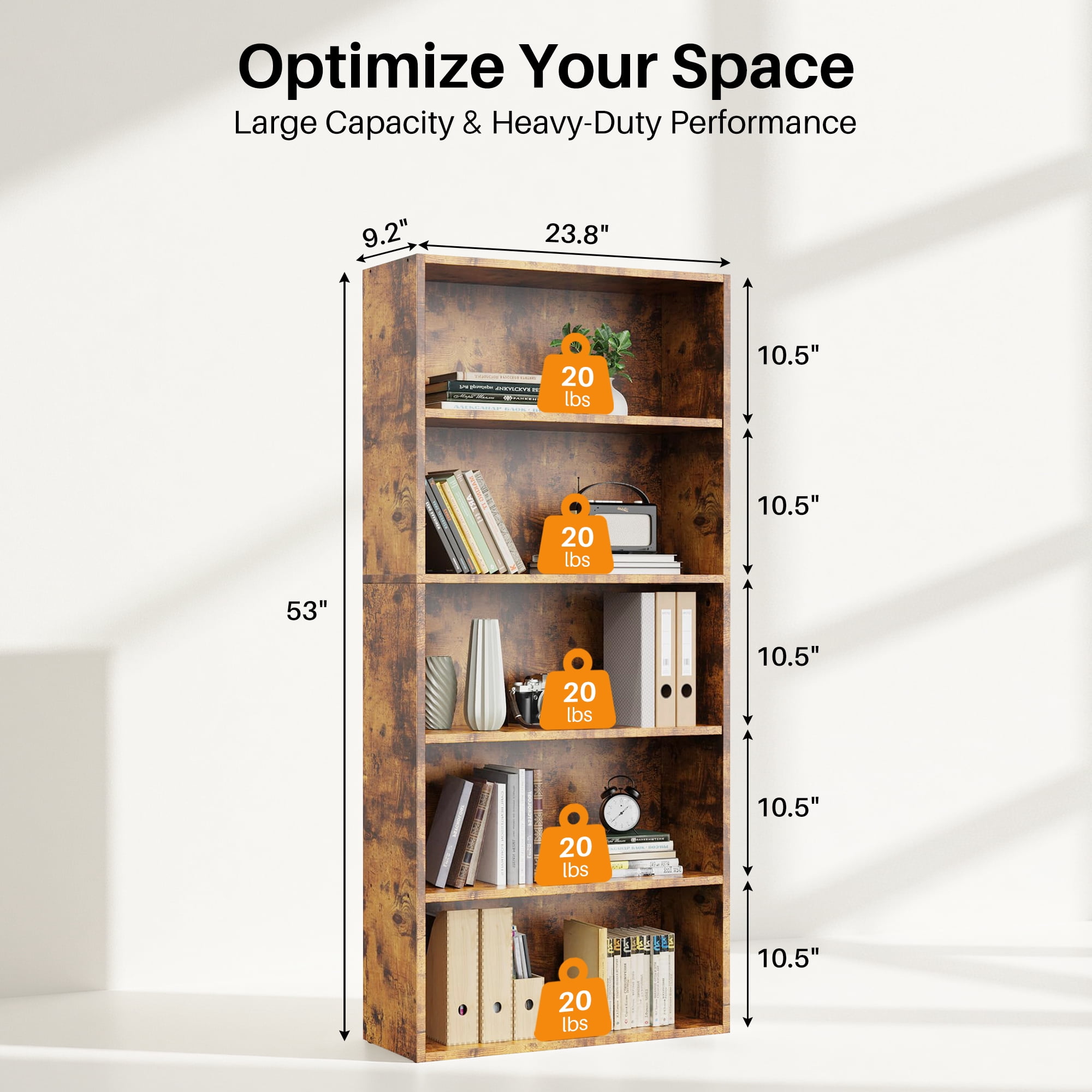 Atilioo 5-Tier Bookcase with Adjustable Shelves, 53" Tall Storage Cube Organizer for Living Room, Bedroom, Easy Assembly, Brown