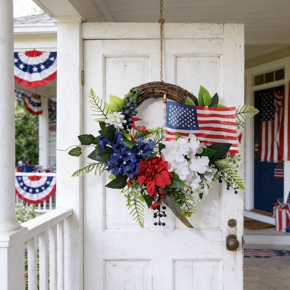Patriotic Front Door Wreath with American Flag Bow, 45cm Multicolor Plastic Holiday Decoration for Independence Day, Memorial Day, and Veterans Day