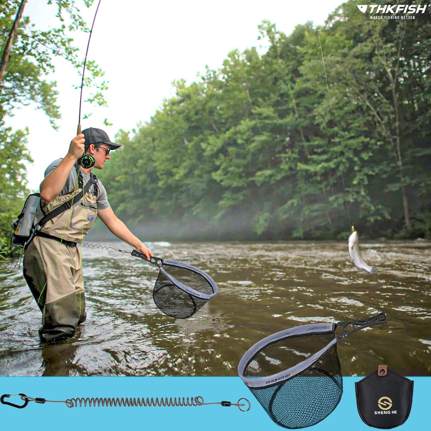 Fly Fishing Net Trout Net Kayak Fishing Net Freshwater Trout Fishing Landing Net Rubber Mesh for Catch and Release Portable