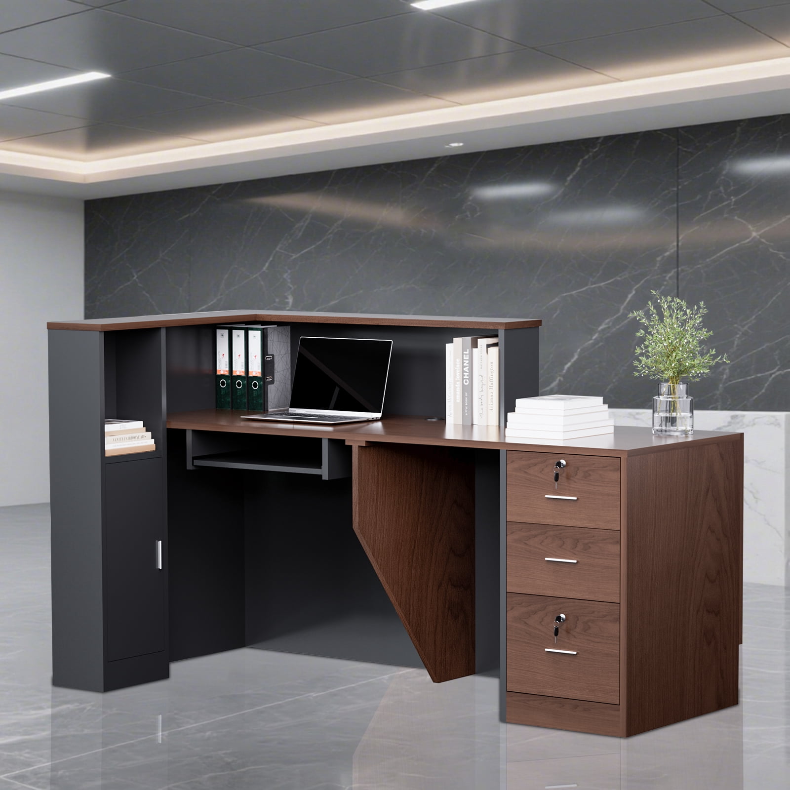 Vakiorn L Shaped Modern Wooden Commercial Reception Desk 71 inch with Counter Shelves Storage Drawers for Office Home Brown Black Left