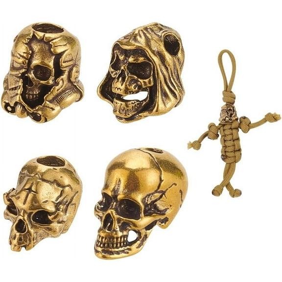 4 Pcs Brass Paracord Beads - 4 Styles Lanyard European Golden Large Hole for EDC Rope Making Pendant Buckle Keychain