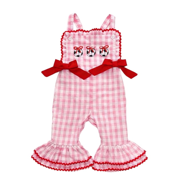 Rhuody Combinaison une-Pièce pour Fille Bébé Sans Manches Football Brodée Barboteuse à Carreaux Volants Col Rond Combinaison Tendance Vêtements Rouge 2-3 Ans