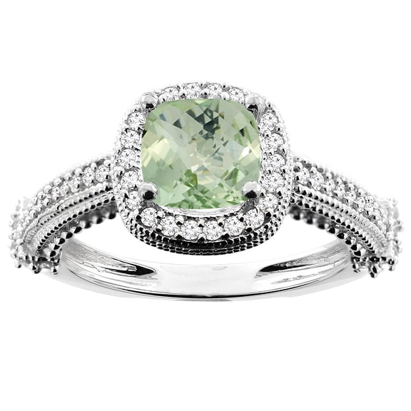 10K White Gold Natural Green Amethyst Ring Cushion 7x7mm Diamond Accent, size 5.5