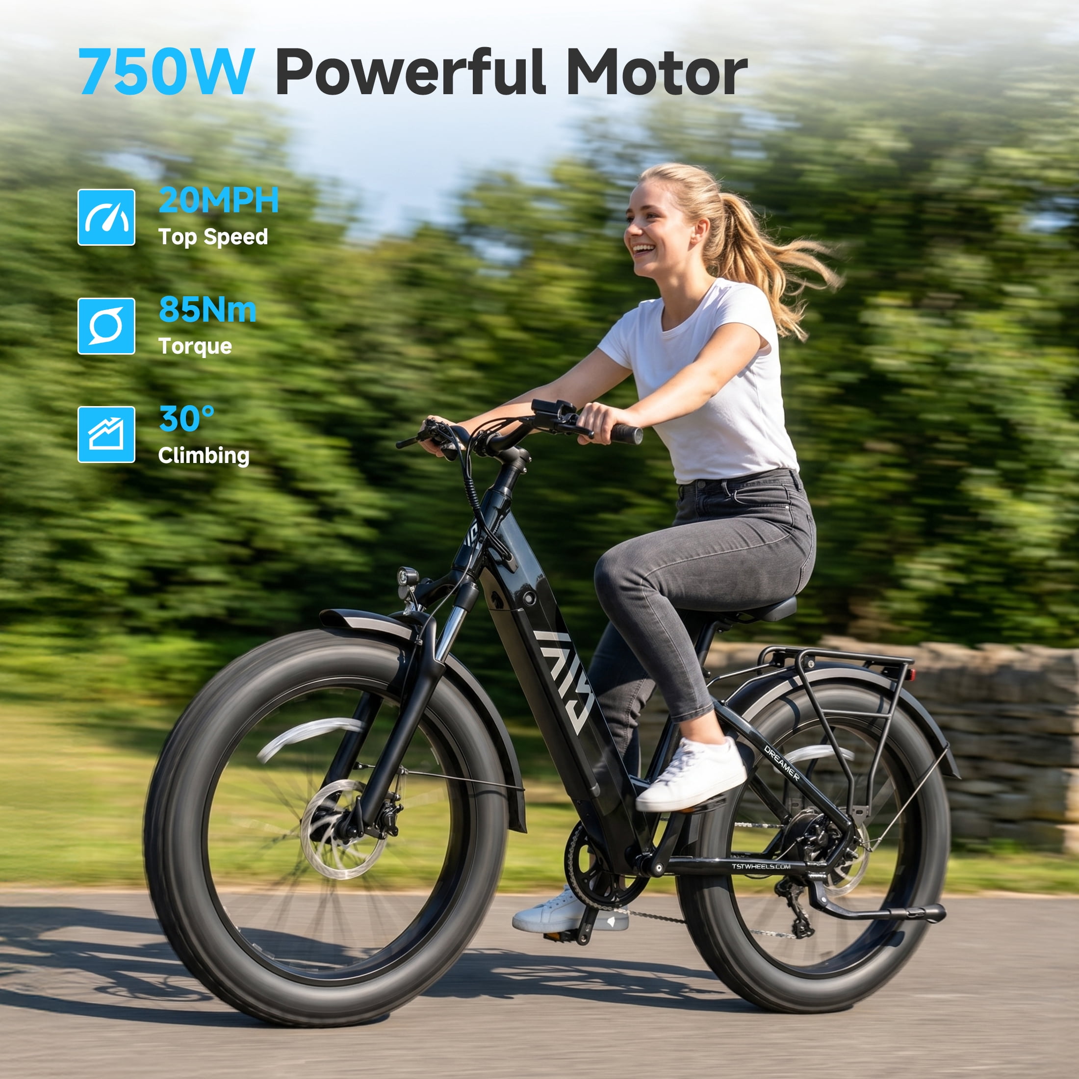 TST Dreamer Electric Bike for Women, 750W E-Mountain Bike, 26" Fat Tire Electric Bike, 48V/15Ah Battery UL2849, 60Miles Long Range, 7-Speed Gear, 20mph Fast Ebike
