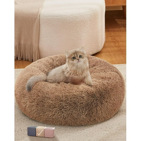 Calming Donut Cat Bed Pillow for Small Pets Machine Washable Removable Cover Comfort Plush Fluffy Faux Fur with Anti-Slip Bottom Dogs-Friendly Round Cuddly Design Ocher 20 inches