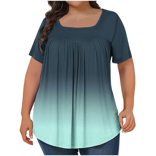 Tops Cortos para las Mujeres Impreso Cuello de Gran Tamaño Plisado Manga Corta Suelta Superior en Tamaños Más L-5xl