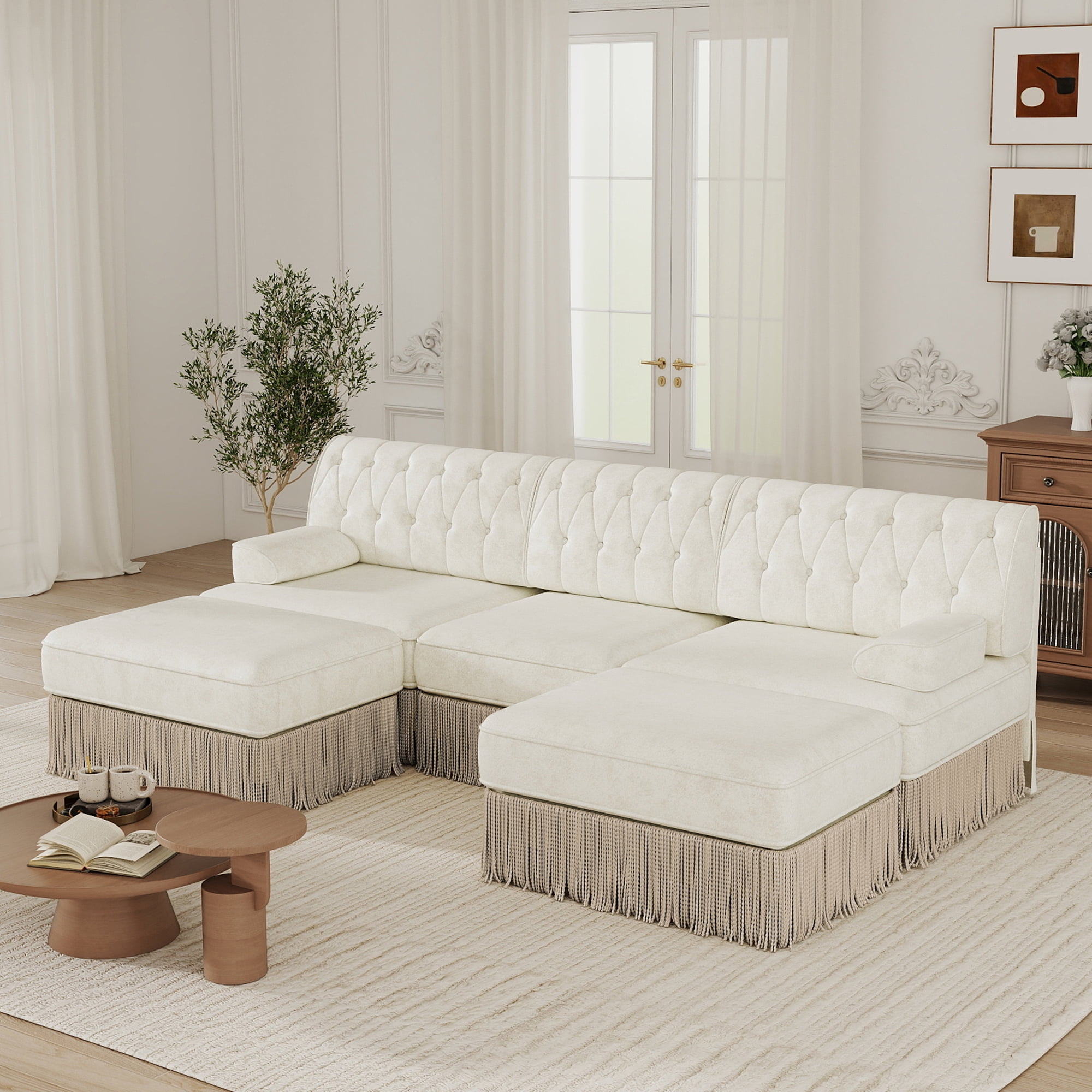 MAYEERTY U-Shaped Chesterfield Sectional Sofa, Button Tufted Modular Couch with Dual Ottomans, Wooden Base for Living Room Bedroom