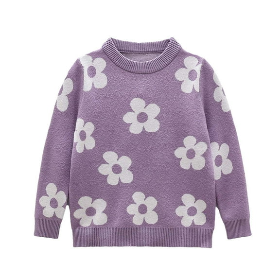 Toddler Kid Sweaters Cute Flower Pattern Girls Crew Neck Knit Pullover Jumper Tops with Ribbed Detailing (1 Year, Purple)