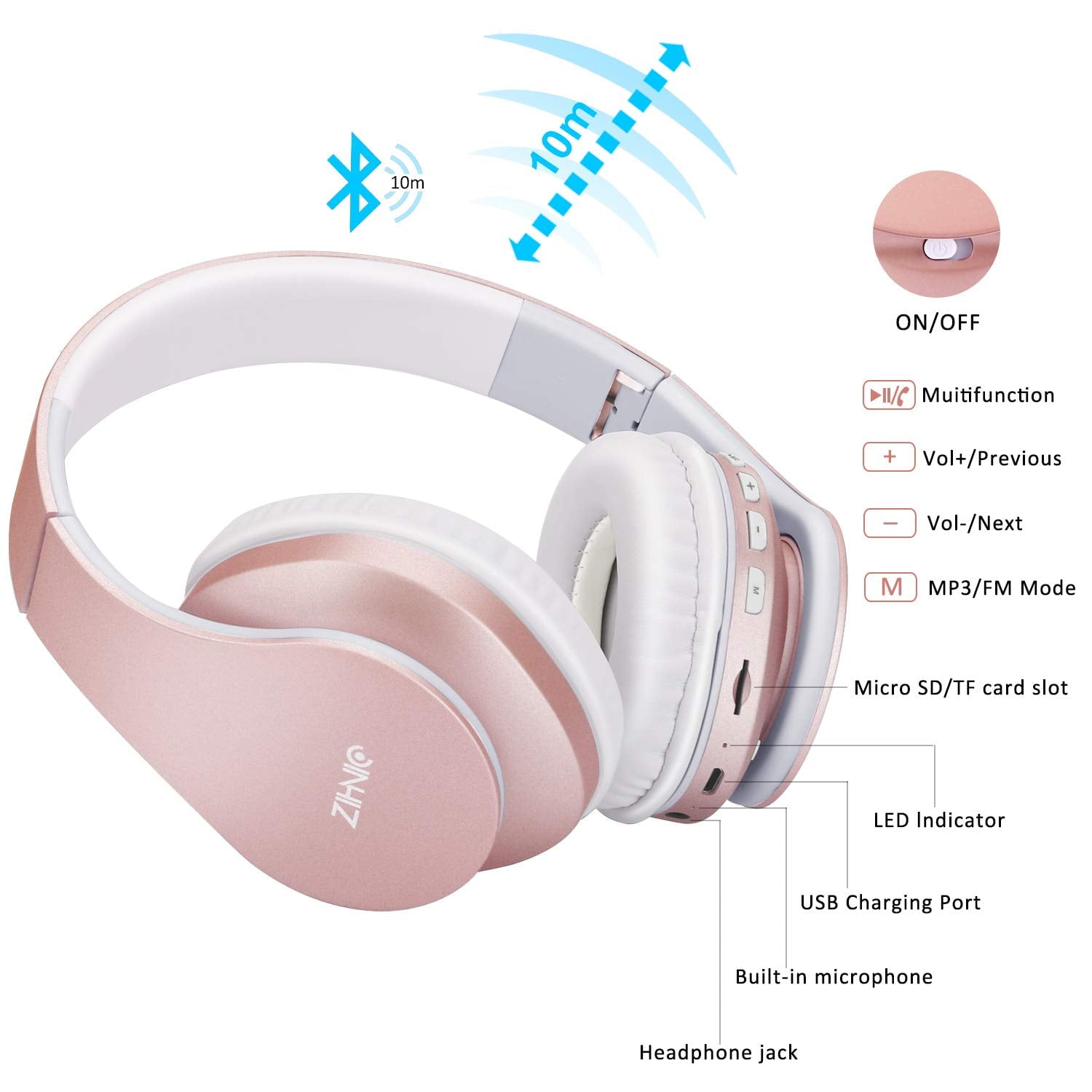 Bluetooth Over Ear Headphones Zihnic Foldable Wireless and Wired Stereo Headset Micro SD TF FM for Cell Phone PC Soft Earmuffs Light Weight for Prolonged Waring Rose Gold Walmart