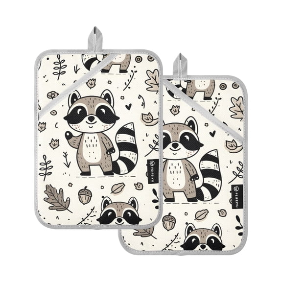 Cute Raccoon Leaf Oven Mitts 2 Pcs Pot Holders Sets Heat Resistant for Kitchen Cooking Baking 7"x9.8"
