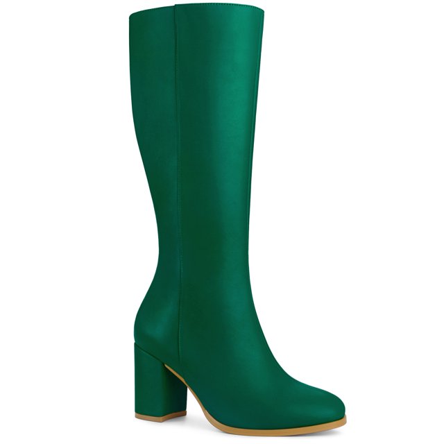 Unique Bargains Women's Round Toe Block Heels Knee High Boots Green (Size 5.5)