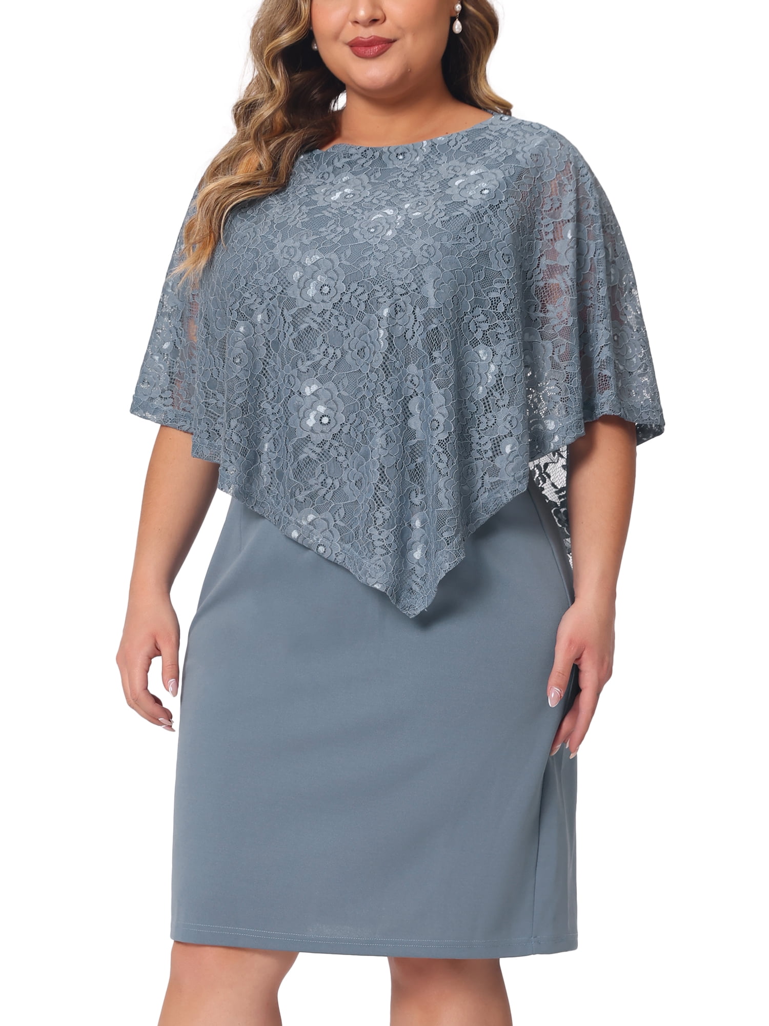 DARING DIVA Women's Plus Size Cape Lace Overlay Dress 2X Gray Blue