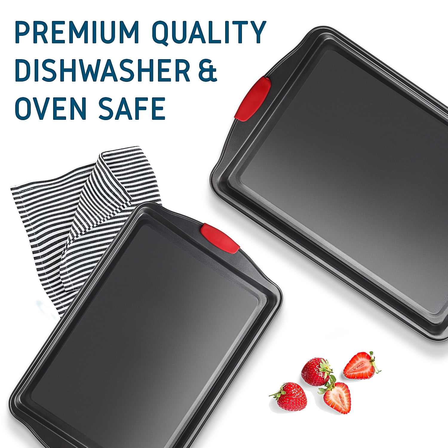 LammaLoe Baking Pans Carbon Steel, Non Stick Cookie Sheet Set with Silicone Handle, Baking Sheet, Small & Medium, Black