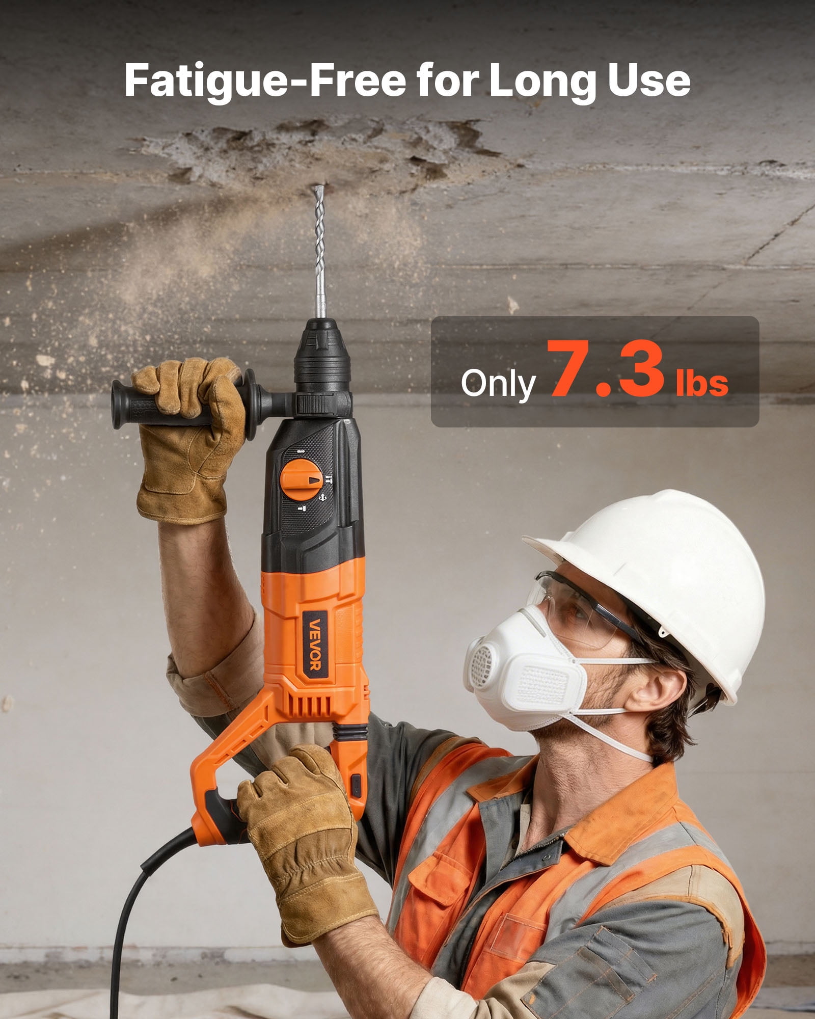 VEVOR Rotary Hammer Drill, 1-1/8 in SDS-Plus Electric Corded Heavy Duty Rotary Hammer, 4 Functions, Including 3 Drill Bits, Flat Chisel, Pointed Chisel, and Carrying Case, for Concrete and Masonry