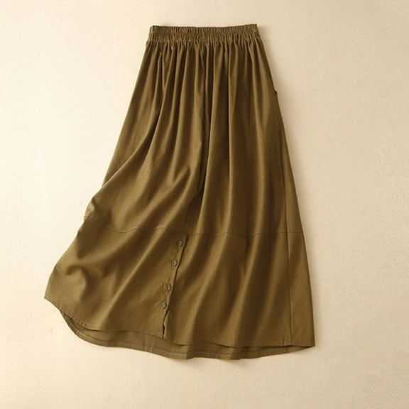 ClodeEU Women's Linen-Blend Midi Skirt ,Elastic Pleated Versatile Bohemian Style Skirt Khaki,Womens Plus XXL