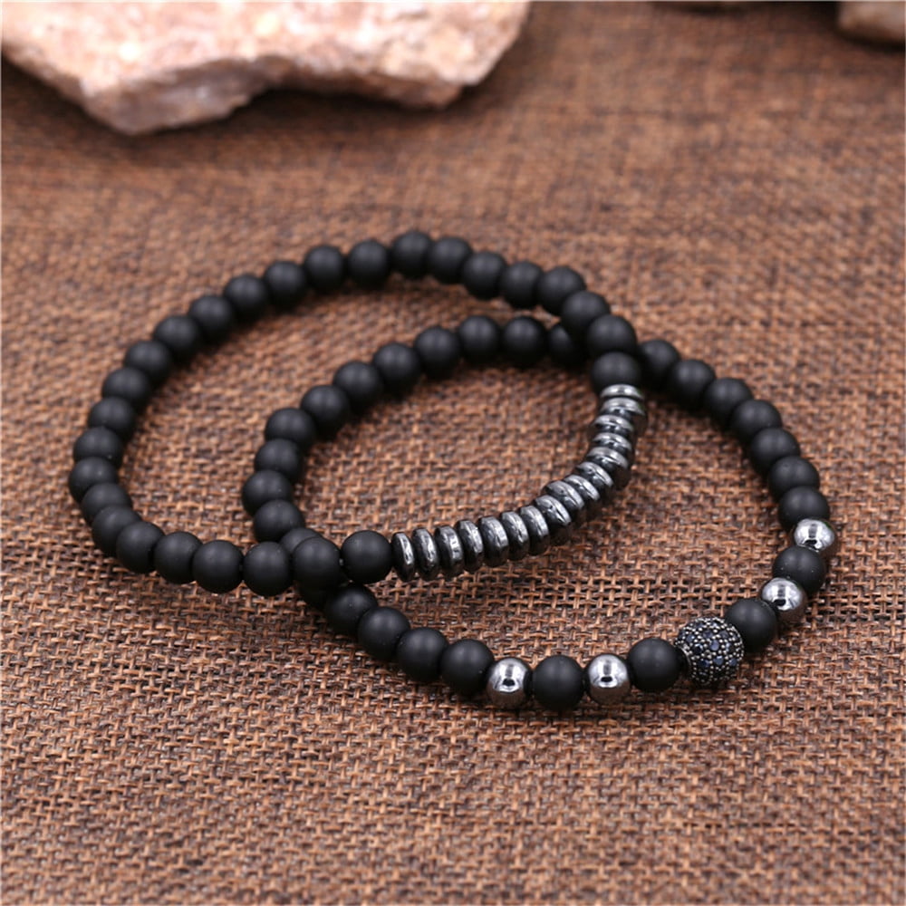 Elegant Black Matte Braided Bracelet Set for Men with Copper Zircon Embellishments