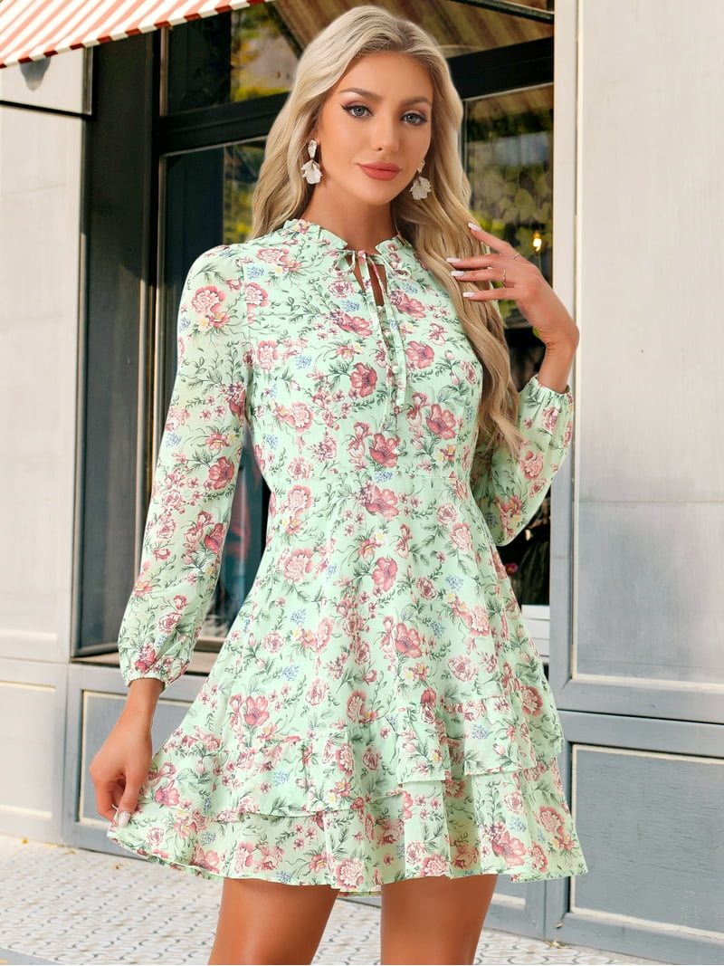 green chiffon mini dress Amoris T709 Elegant Chiffon Mini Dress with Neck Scarf Sage / XL main image 0